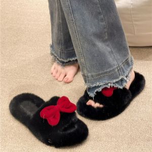 น่ารักผีเสื้อKnotรองเท้าแตะผู้หญิง 2023 ใหม่มาถึงใช้WarmแบนSole Plushสบายๆสไตล์แบนรองเท้าแตะ