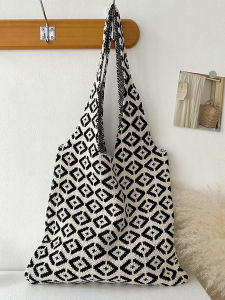 Large Capacity Commuter Knitted Canvas Tote Bag Womens Armpit Shoulder Stripe Color Block Original Design Soft Handbag