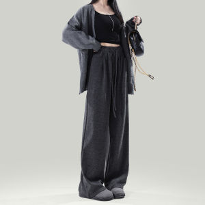 กางเกงขายาวทรงหลวมเอวสูง La Chapelle สำหรับผู้หญิง สีเทาเข้ม กางเกงขายาวทรงตรงลำลอง กางเกงกีฬา ทรงหลวม ฤดูใบไม้ผลิ 2025