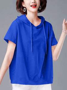 Large Size Klein Blue Pure Cotton Hoodie Short Sleeve Womens T-shirt Summer New Loose Slimming Casual Top