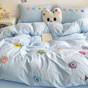 New Thick Stone Washed Cotton Pure Color Embroidered Four-Piece Bed Set