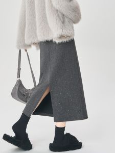 Váy Midi Cạp Cao Màu Xám Bóng Nhún Bèo Nhún Cho Nữ Mùa Thu Đông Váy Midi Chữ a Dáng Thẳng