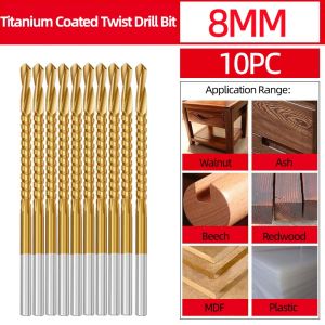 deli | 10pcs Sawtooth Twist Drill Bit Titanium Coated HSS 2-in-1 Drill & Saw Bit 3/4/5/6/6.5/8mm Wood Plastic Grooving Drilling Bit