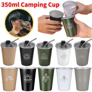 350ml Camping Cup No/With Cup Lid 304 Stainless Steel Milk Coffee Tea Beer Drinks Mugs Convenience Picnic Tableware Supplies