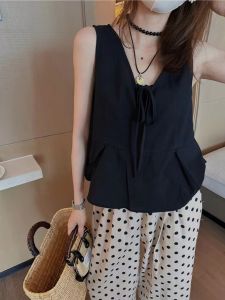 Korean Style V-Neck Sash Cotton Linen Sleeveless Vest Summer New Fashion Slimming Versatile Strap Top Womens Clothing