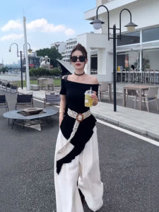 Áo Thun Nữ Tay Ngắn Ôm Vừa Vặn Màu Đen Mùa Hè Hở Vai Thắt Eo Cạp Cao Viền Xếp Nếp Ngọt Ngào Và Cay Nồng