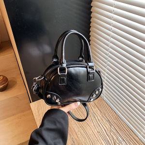 Retro Matte Crossbody Bag Womens Casual Versatile Handbag Elegant Bowling Bag Soft PU Leather Zipper Closure Commuting Bag