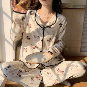 ชุดนอนผู้หญิงแขนยาวผ้าฝ้ายแท้ปุ่มสีขาว ชุดนอนเซ็กซี่น่ารัก ชุดอยู่บ้าน ฤดูใบไม้ผลิและฤดูใบไม้ร่วง ชุดนอนผู้หญิง ชุดนอนผ้าฝ้าย