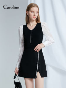 Caroline Spring New Style Black White Splicing Waist-Cinching Knitted Sweater V-neck Bubble Sleeve Regular Fit Long Sleeve