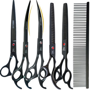 Sangelar 8 inch Pet Grooming Scissors Set Professional Tools for Dogs and Cats Includes Straight Curved and Thinning Scissors Comb and Hemostats (With Case)