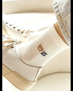 SAB17 KAOS KAKI WANITA PANJANG LUCU MOTIF BORDIR BEAR BERUANG POLOS FASHION CASUAL