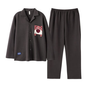 Miiow | Mens Pure Cotton Long Sleeve Sleepwear Set Spring Autumn Home Outdoor Wearable Comfortable Fit Cardigan Style Cartoon Pattern