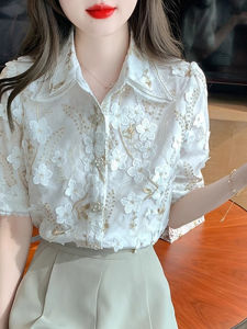 WANGGONGZHU | เสื้อเชิ้ตผ้าชีฟองแขนสั้นผู้หญิงฤดูร้อนปักลายดีไซน์ใหม่ 2025 เสื้อเชิ้ตทรงสลิมฟิตที่หรูหรา เสื้อเชิ้ตคอโปโลแบบสวมสบาย