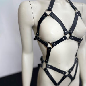 Punk Gothic Adjustable PU Leather Full‑Body Harness Cage‑Style Chest Bra Suspender Decor Accessory for Cosplay Rave Party Outfit