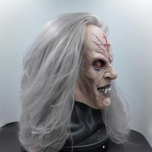 Creepy Zombie Demon Mask Full Head Latex Long Gray Hair Halloween Horror Cosplay Party Costume Prop