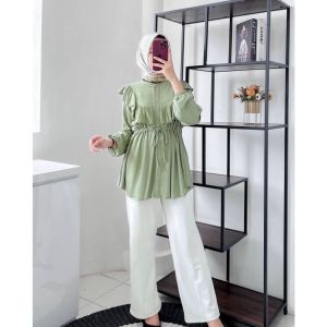 SANTI BLOUSE KATUN RAYON PREMIUM MODEL REMPEL PINGGANG SERUT KEMEJA RAYON POLOS FULL KANCING BLUS KEKINIAN