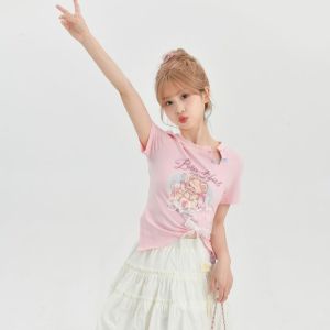 IELGY Sweetheart bear print soft girl dopamine outfit straight shoulder slim top short sleeve t-shirt female