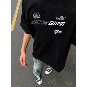 เสื้อยืดคอกลมแขนสั้นผ้าฝ้ายแท้สไตล์อเมริกันสำหรับผู้ชาย ทรงหลวม แฟชั่นฤดูร้อน สีดำ เสื้อครึ่งแข้ง
