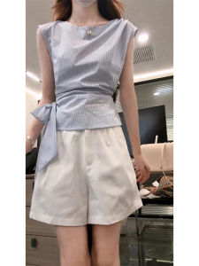 YUEZHONGWEI | Blue Striped Butterfly Knot Waist Cinching Summer Shirt Womens Design Sensation Bell Sleeve Top Korean Style Commute Fashion