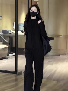 Elegant High Waist Straight Leg Sportswear Set for Women Fashionable Two-Piece Black Casual Outfit Autumn Collection