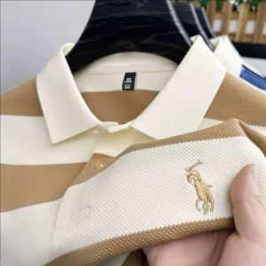 Embroidered Stripe Polo Shirt Mens Breathable