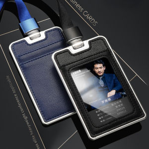 บัตรประจำตัวแนวตั้งที่ต้องพร้อมสายคล้องชื่อพนักงานหนังแท้อุปกรณ์สำนักงานธุรกิจผู้ถือป้ายแท็กอลูมิเนียมอัลลอยด์