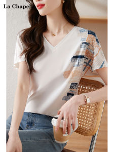 La Chapelle Summer Short Sleeve V-Neck Womens T-Shirt Chiffon Printed Top Fashionable Versatile Commute Straight Cut Fit