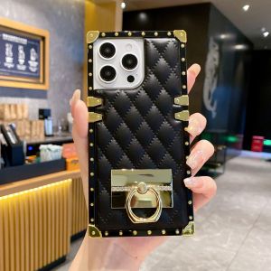Fashion Metal Square Case For Samsung A15 A25 A35 A55 A12 A13 A14 A33 A53 A73 A52 A72 A23 A34 A24 A54 Lingge PU Leather Soft Phone Case with Metal Ring Stand Holder