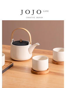 Jojos Ceramic Tea Set with Handle One Pot Two Cups Home Use Traditional Chinese Style Dining Utensils Pure Color Design