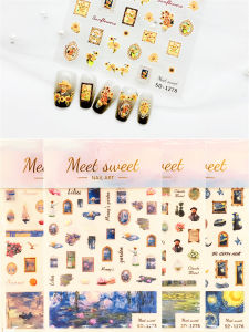 New Craft 5D Relief Nail Art Stickers Monet Van Gogh Oil Painting Sunflower Lotus Sunrise Kite Flower Nail Stickers Beauty Tools