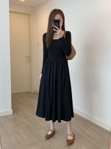 French Style Knitted Long Sleeve U-Neck Dress Womens Early Autumn Slimming A-Line Long Dress High Waist Flared Skirt