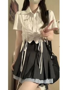 หวาน สูง เอว พรางหุ่น สองชิ้นปลอม กระโปรง ชุดแขนสั้นเผ็ด เด็กผู้หญิง ดีไซน์ คอกลมสีบริสุทธิ์สไตล์วิทยาลัย ผ้าไหม เสื้อท่อนบน
