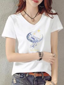 Pure Cotton Short Sleeve T-Shirt Women 2024 New Arrival Summer Loose Slim Looking Western Style Youthful-Looking Shoulder V Neck Tops T-shirt under Shirt