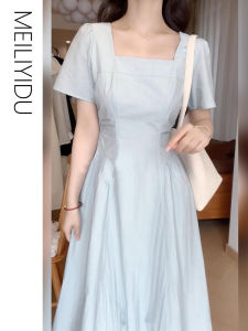 Blue Midi Dress Simple French Style Square Collar Womens Slim A-Line Skirt High Waist Short Sleeve Zipper Closure Commute Wear