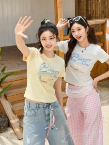 SANFU | Summer Island Print Drill T-shirt Female Slim Fit Round Neck