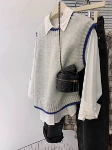 Dongda Gate High-End round Neck Grey Knitted Sweater Vest Womens Spring Autumn Winter Sleeveless Layering Outerwear Vest