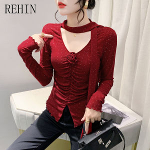 REHIN เสื้อยืดคอวีแขนยาวลายจุดดอกไม้เสื้อสตรีคอวี