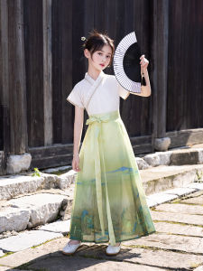 Girls Hanfu Summer Short Sleeve Thin Set Childrens Ancient Costume Short Horse Tailed Skirt Polyester Fiber Traditional Wear