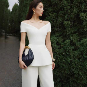 French Luxury Style Elegant One-shoulder V-neck Top and Wide Leg Pants Set