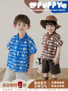 Loose Half Sleeve Cartoon Dog Shirt for Boys Summer Fashionable Removable Tie Childrens Top YOEHYAUL Kids Clothing