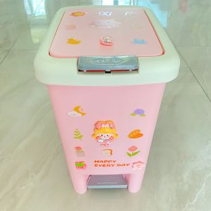 New Cute Cartoon Childrens Room Foot Pedal Pressure Cap Trash Can Home Bedroom Bathroom Narrow Gap Waste Basket Plastic Square