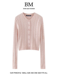 BM Fashion Round Neck Long Sleeve Knit Sweater Slim Fit Cotton Cardigan for Women Street Style Single Breasted Solid Color