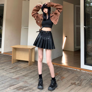 Black High Waist A-Line Mini Skirt Womens Slimming Pleated Short Skirt Korean Style Cotton PU Blend Student Fashion
