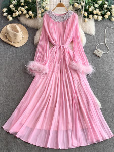 Váy Dài Tay Cổ Tròn Đính Đá Sang Trọng Cho Nữ Váy Midi Xếp Ly Chữ a Váy Dự Tiệc Mùa Thu 2025 Váy Dài Xếp Ly Sang Trọng