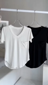 Womens Casual V Neck T Shirts Basic Tee Short Sleeve Shirts Plain Tops with Front Pocket
