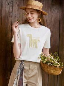 XIANGYING | Crewneck Cotton Cute Embroidery Womens T-shirt