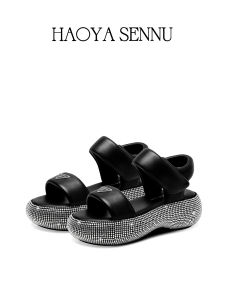 HYSN Trendy Thick Heel Sports Sandals Womens Summer New Casual Small Size Elegance Open Toe Rhinestone Sandals Low Cut