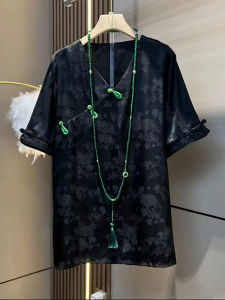 XL plus Size Womens Clothes V Neck Oblique Buckle Dark Flower National Style Shirt Fat Sister Elegant French Style Western Style Versatile Top