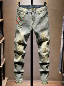 Mens Ripped Denim Jeans High Street Graffiti Vintage Elastic Slim Fit Long Pants Youth Fashion Breathable Casual Straight Leg