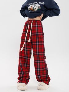 Red Gingham Womens Casual Pants Plus Size Plus Size Ladies Loose-Fit Thin Looking Fashion Sports Loose Drawstring Loose Pants Fall and Winter
